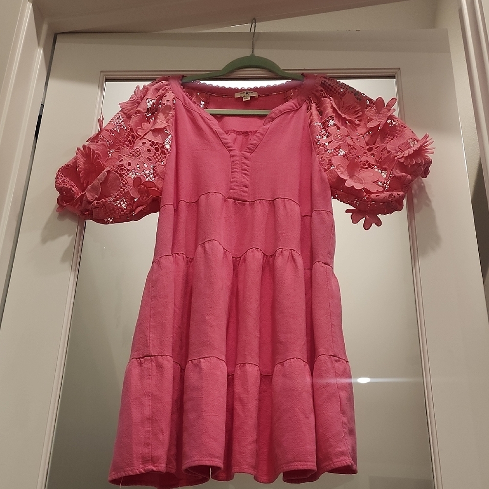 Umgee Pink Tiered Sundress with Puff Crochet Cap Sleeves